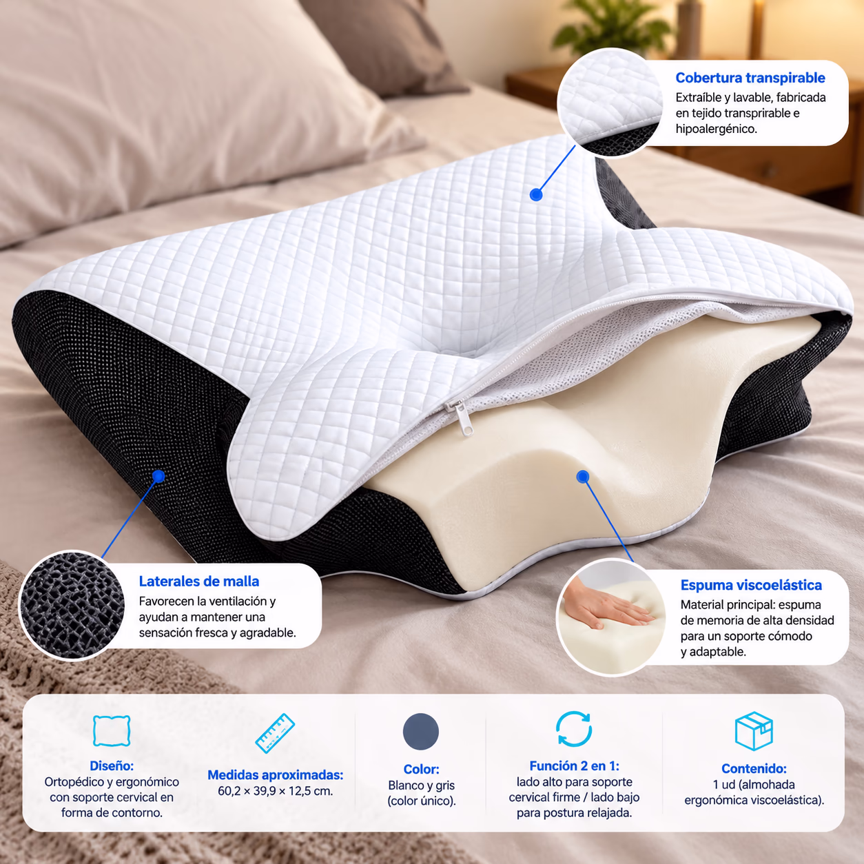 Almohada Nuvélia: espuma viscoelástica de memoria, cobertura transpirable y laterales de malla ventilada.