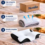Nuvélia: la almohada llega en una caja compacta, se expande al sacarla y recupera su tamaño completo.