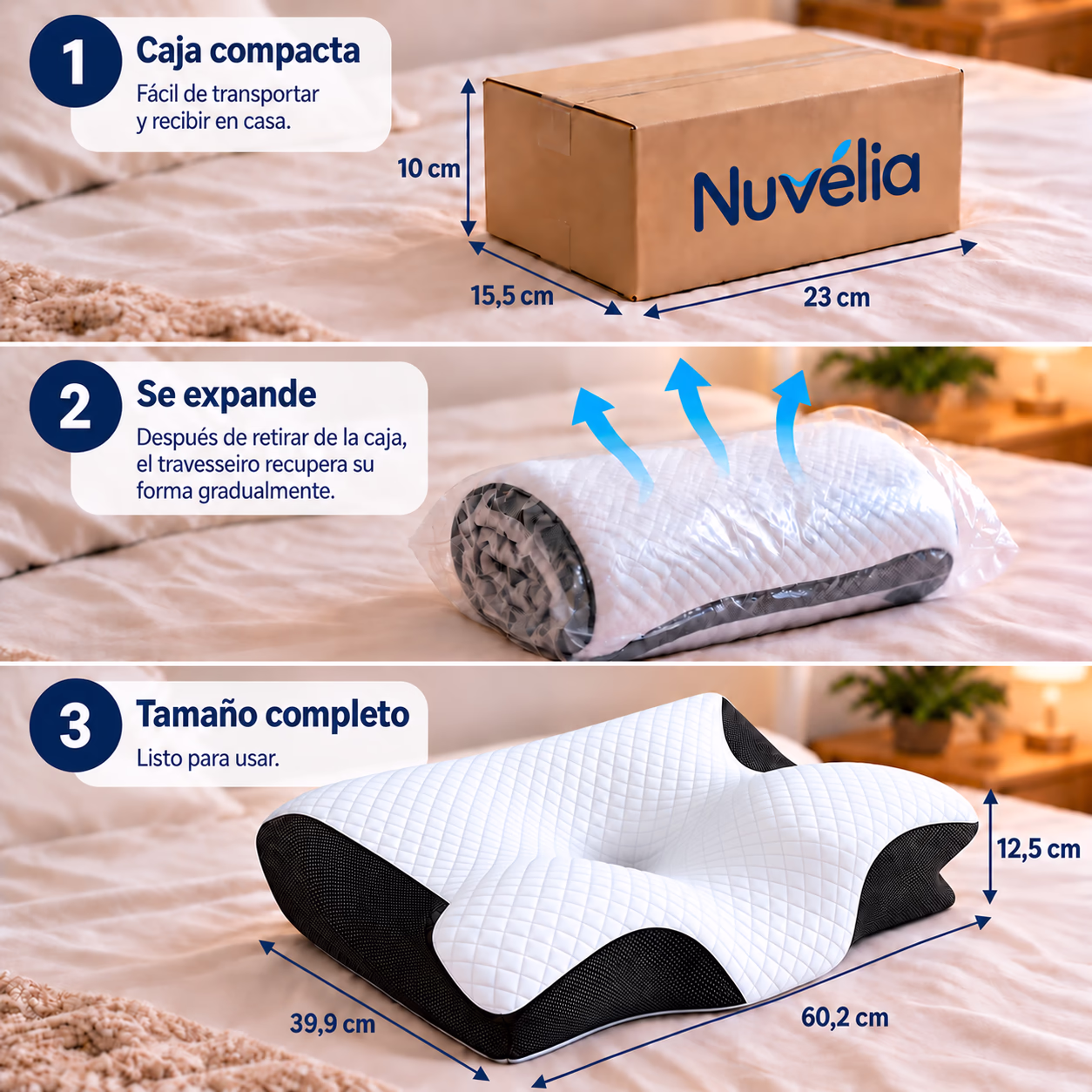 Nuvélia: la almohada llega en una caja compacta, se expande al sacarla y recupera su tamaño completo.