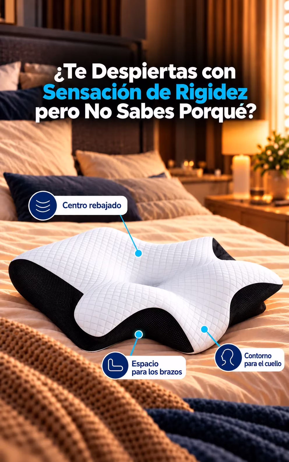 ¿Te despiertas con sensación de rigidez pero no sabes por qué? Centro rebajado, contorno para el cuello y espacio para los brazos en la almohada Nuvélia.